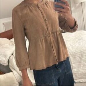 Banana Republic Tan Genuine Leather SuedeButton Down Peplum 3/4 Sleeve Small
